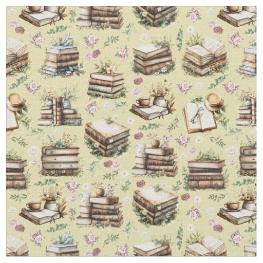 Antique Books & Flowers on Yellow Fabric