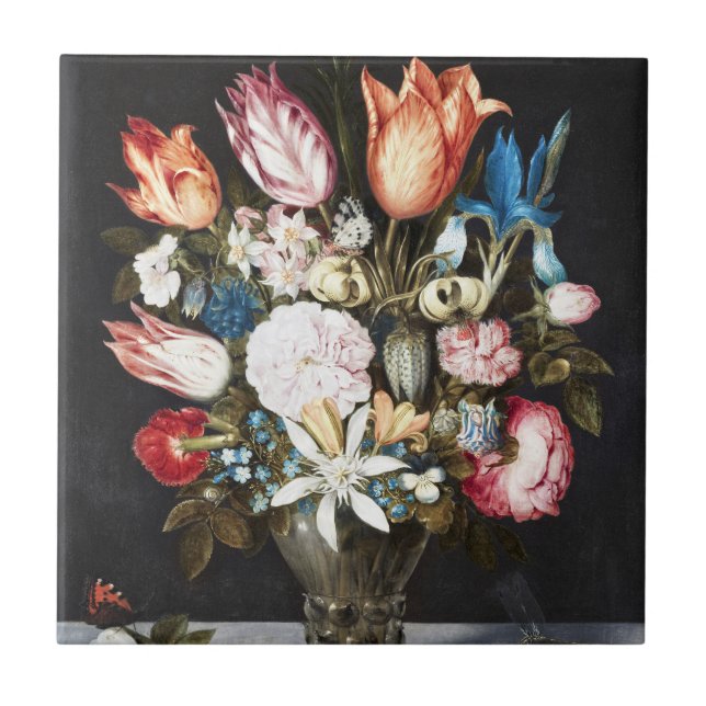 Antique Bosschaert Dutch Tulips and Roses Art Ceramic Tile (Front)