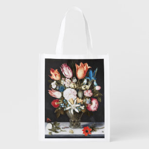 Antique Bosschaert Dutch Tulips and Roses Art Grocery Bag