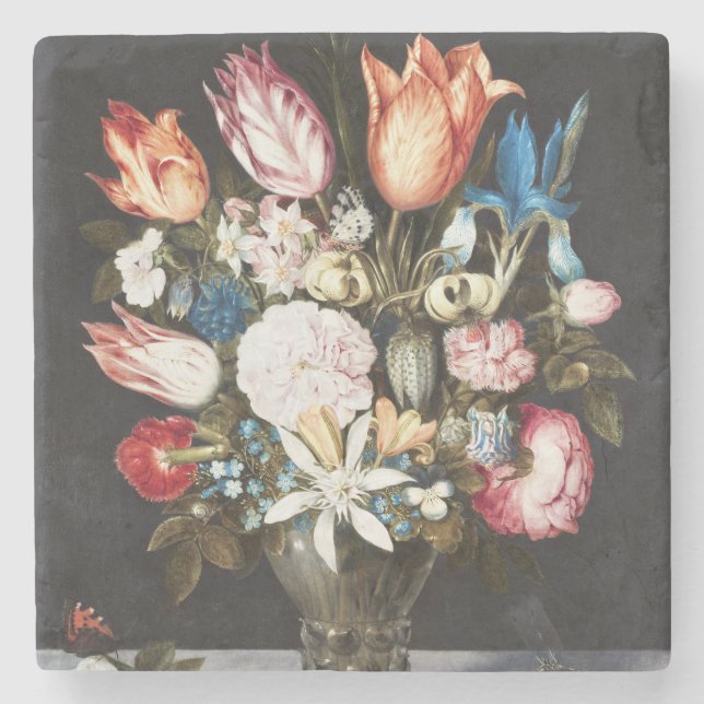 Antique Bosschaert Dutch Tulips and Roses Art Stone Coaster (Front)