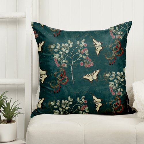 Antique Botanical Butterflies and Catclaw Acacia Throw Pillow