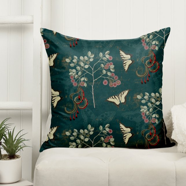 Antique Botanical Butterflies and Catclaw Acacia Throw Pillow (Creator Uploaded)