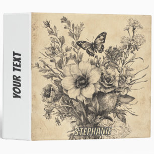 Antique Botanical Butterfly Sepia Herbarium 3 Ring Binder
