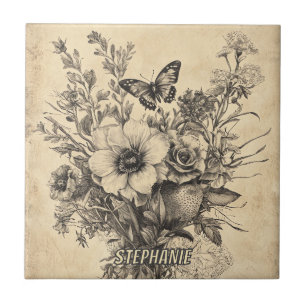 Antique Botanical Butterfly Sepia Herbarium Ceramic Tile