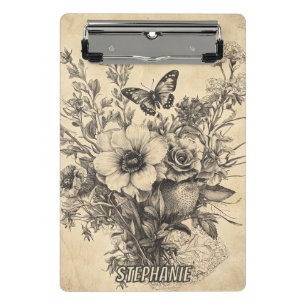 Antique Botanical Butterfly Sepia Herbarium Mini Clipboard
