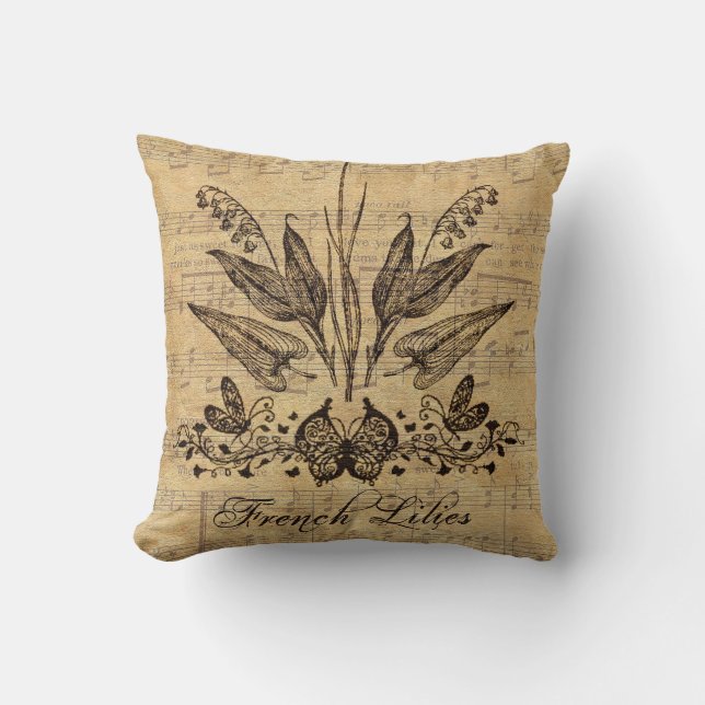 Antique Botanical French Lillies Throw Pillow (Front)