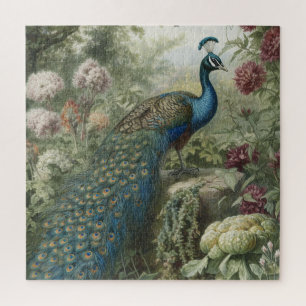 Antique Botanical Peacock and Wildflower Garden  Jigsaw Puzzle