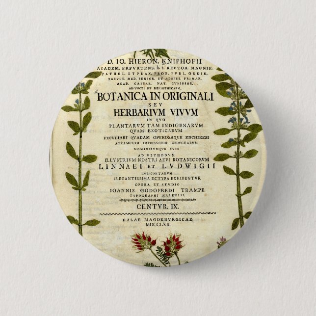 Antique Botany Bookplate Pinback Button (Front)