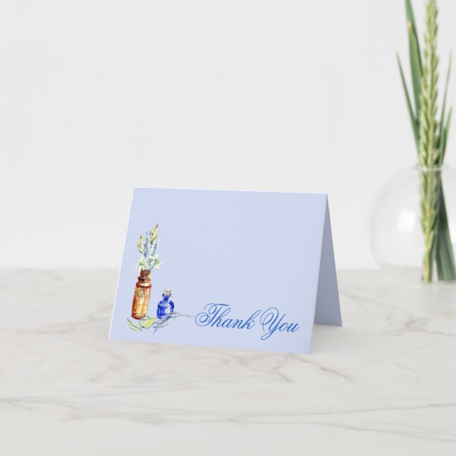 Antique Bottles Filled with Wildflowers on Blue  Thank You Card (Front)
