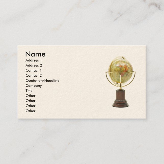 Antique brass and wooden globe business card (Front)