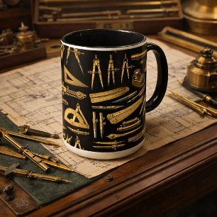 Antique Brass Drafting Tools Collage Pattern Mug