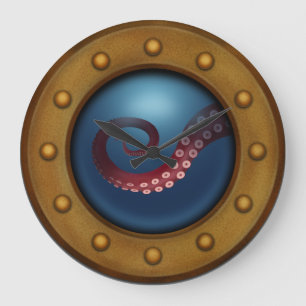 Antique Brass Porthole Deep Sea Octopus Steampunk Large Clock