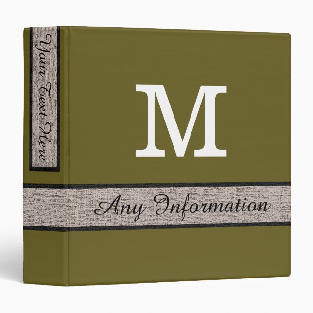 Antique bronze Color Burlap Look Monogram 3 Ring Binder (Front/Spine)