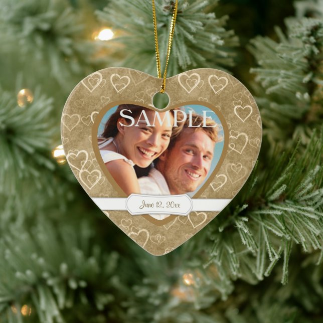 Antique Bronze Hearts Newlywed Photo Ceramic Ornament (Tree)