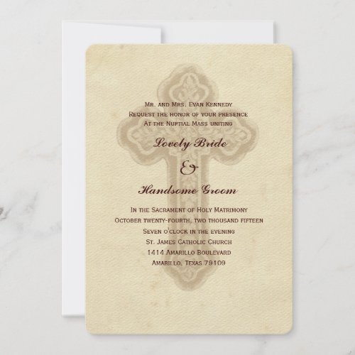 Antique Brown Cross Catholic Wedding Invitation