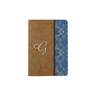 Antique Brown Leather and Blue Damask Passport Holder