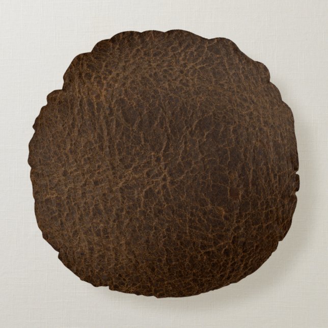 Antique Brown Leather Look Round Pillow (Front)