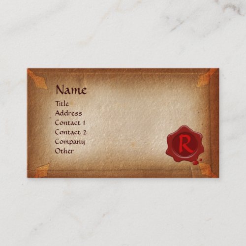 ANTIQUE BROWN PARCHMENT RED WAX SEAL MONOGRAM BUSINESS CARD