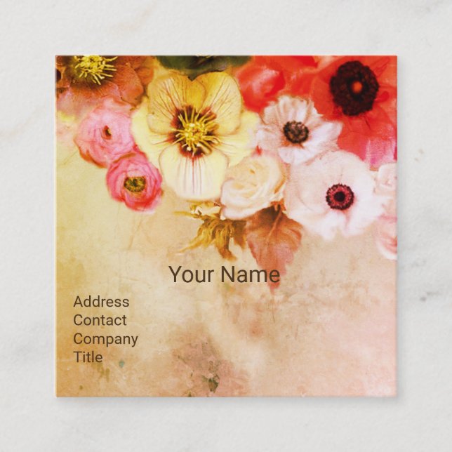 ANTIQUE BROWN RED WHITE ROSES AND ANEMONE FLOWERS SQUARE BUSINESS CARD (Front)
