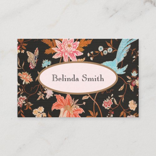 Antique brown woven fabric with birds and flowers business card