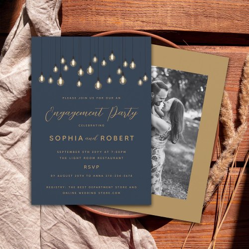 Antique Bulbs Hanging Lights Navy Engagement Party Invitation