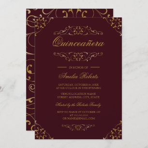 Antique Burgundy Gold Flourish Quinceanera Invite