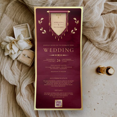 Antique Burgundy Gold Scroll Medieval Wedding Tri_Fold Invitation