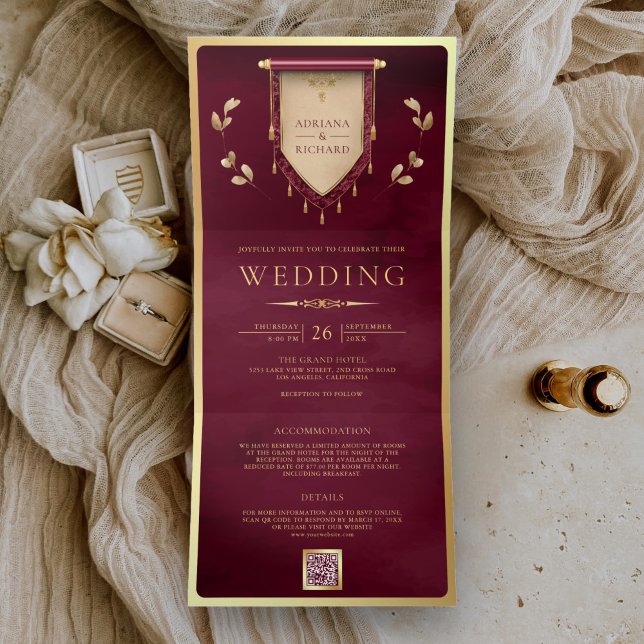 Antique Burgundy Gold Scroll Medieval Wedding Tri-Fold Invitation (Creator Uploaded)