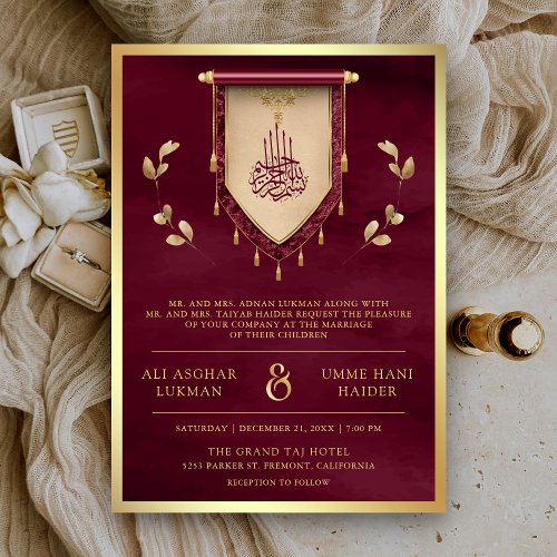 Antique Burgundy Gold Scroll Muslim Wedding Invitation