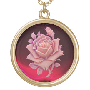 ANTIQUE CAMEO / BEAUTIFUL PINK ROSE ,Red Burgundy Gold Plated Necklace