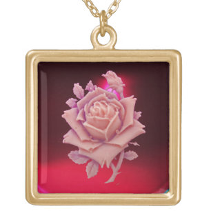 ANTIQUE CAMEO / BEAUTIFUL PINK ROSE ,Red Burgundy Gold Plated Necklace