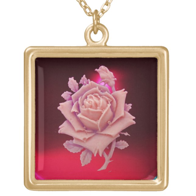 ANTIQUE CAMEO / BEAUTIFUL PINK ROSE ,Red Burgundy Gold Plated Necklace (Front)