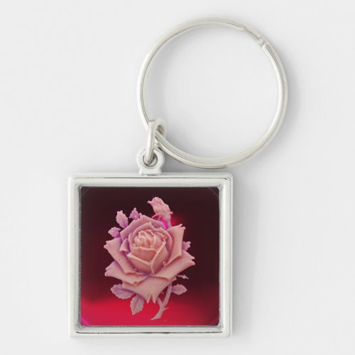 ANTIQUE CAMEO  BEAUTIFUL PINK ROSE Red Burgundy Keychain