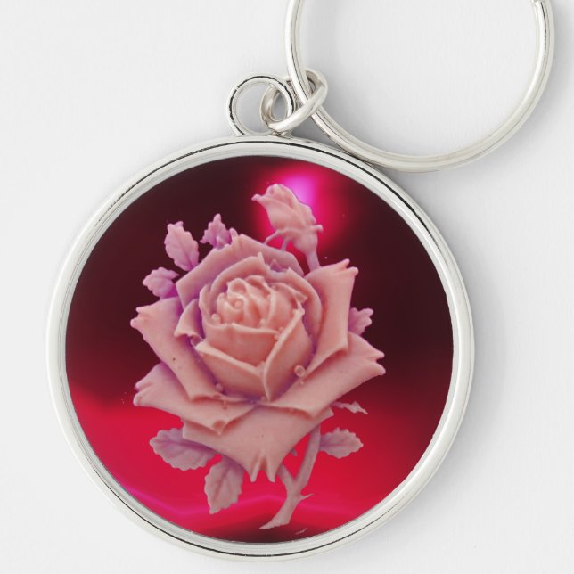 ANTIQUE CAMEO / BEAUTIFUL PINK ROSE ,Red Burgundy Keychain (Front)