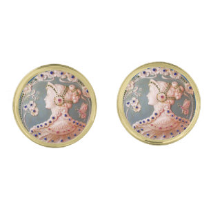 ANTIQUE CAMEO / LADY WITH BUTTERFLY AND FLOWERS CUFFLINKS