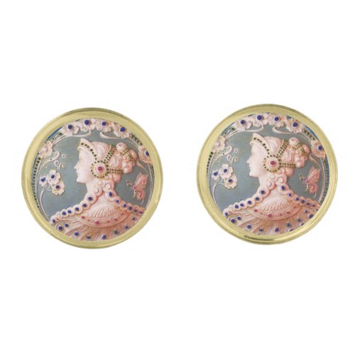 ANTIQUE CAMEO  LADY WITH BUTTERFLY AND FLOWERS CUFFLINKS