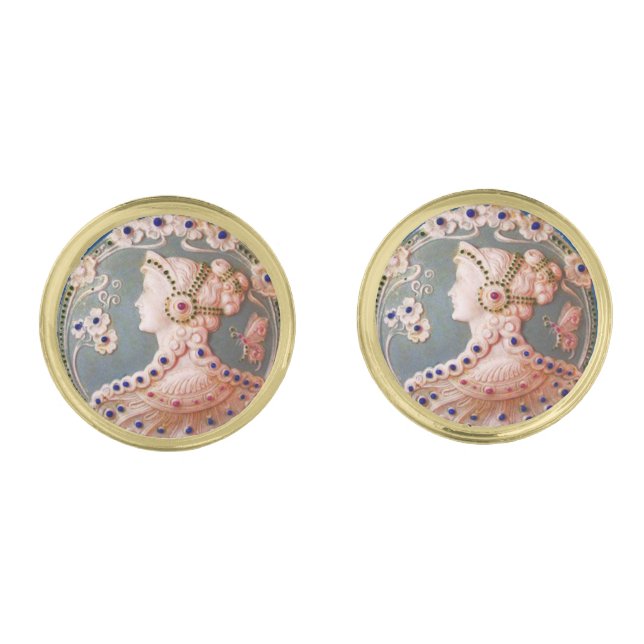 ANTIQUE CAMEO / LADY WITH BUTTERFLY AND FLOWERS CUFFLINKS (Front)