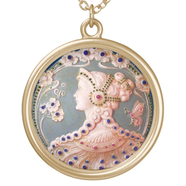 ANTIQUE CAMEO / LADY WITH BUTTERFLY AND FLOWERS GOLD PLATED NECKLACE (Front)