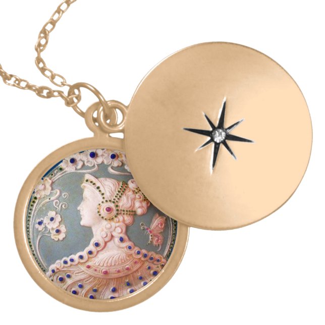 ANTIQUE CAMEO / LADY WITH BUTTERFLY AND FLOWERS GOLD PLATED NECKLACE (Front)