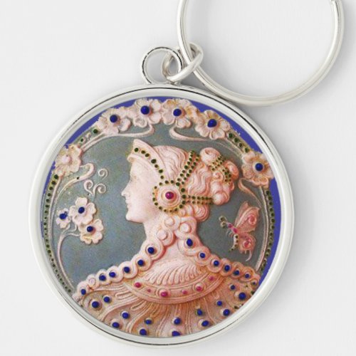 ANTIQUE CAMEO  LADY WITH BUTTERFLY AND FLOWERS KEYCHAIN