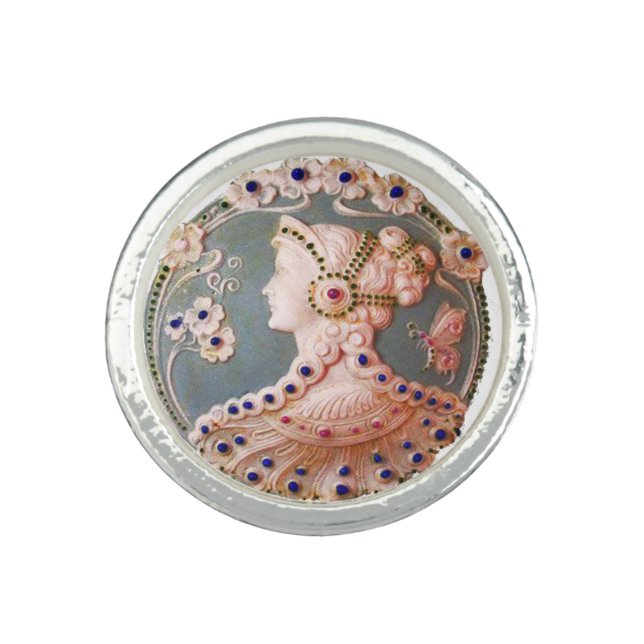ANTIQUE CAMEO / LADY WITH BUTTERFLY AND FLOWERS RING (Front)