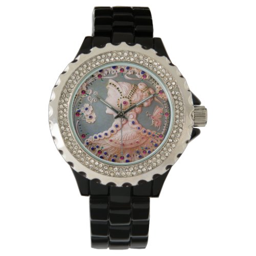 ANTIQUE CAMEO  LADY WITH BUTTERFLY AND FLOWERS WATCH