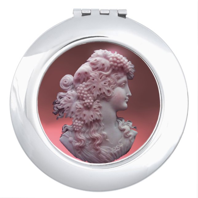 ANTIQUE CAMEO / LADY WITH GRAPES AND GRAPEVINES COMPACT MIRROR (Front)