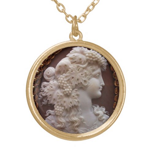 ANTIQUE CAMEO LADY WITH GRAPES AND GRAPEVINES GOLD PLATED NECKLACE
