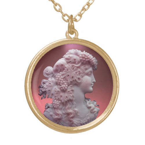 ANTIQUE CAMEO LADY WITH GRAPES AND GRAPEVINES GOLD PLATED NECKLACE