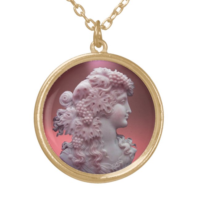 ANTIQUE CAMEO, LADY WITH GRAPES AND GRAPEVINES GOLD PLATED NECKLACE (Front)