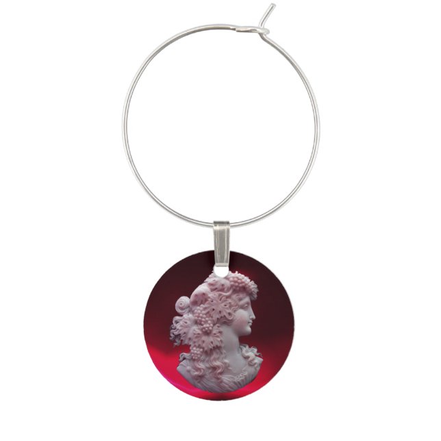 ANTIQUE CAMEO, LADY WITH GRAPES AND GRAPEVINES WINE CHARM (Front)