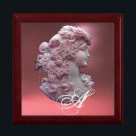 ANTIQUE CAMEO,LADY WITH GRAPES MONOGRAM GIFT BOX<br><div class="desc">Elegant ancient cammeo jewel with a beautiful woman profile with long hair ornamented with grapes and grapevines for vineyard harvest with pink gem stone.Part from " Season's Fruits ".This classy design is perfect for nutritionists, dieticians, caterers,  food service, preparation or restaurant , catering , wine industries.</div>