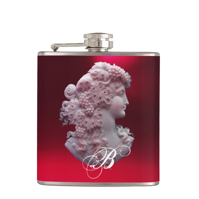 ANTIQUE CAMEO,LADY WITH GRAPES MONOGRAM HIP FLASK (Front)