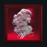 ANTIQUE CAMEO,LADY WITH GRAPES MONOGRAM KEEPSAKE BOX<br><div class="desc">Elegant ancient cammeo jewel with a beautiful woman profile with long hair ornamented with grapes and grapevines for vineyard harvest with red ruby gem stone.Part from " Season's Fruits ".This classy design is perfect for nutritionists, dieticians, caterers, food service, preparation or restaurant , catering , wine industries.</div>